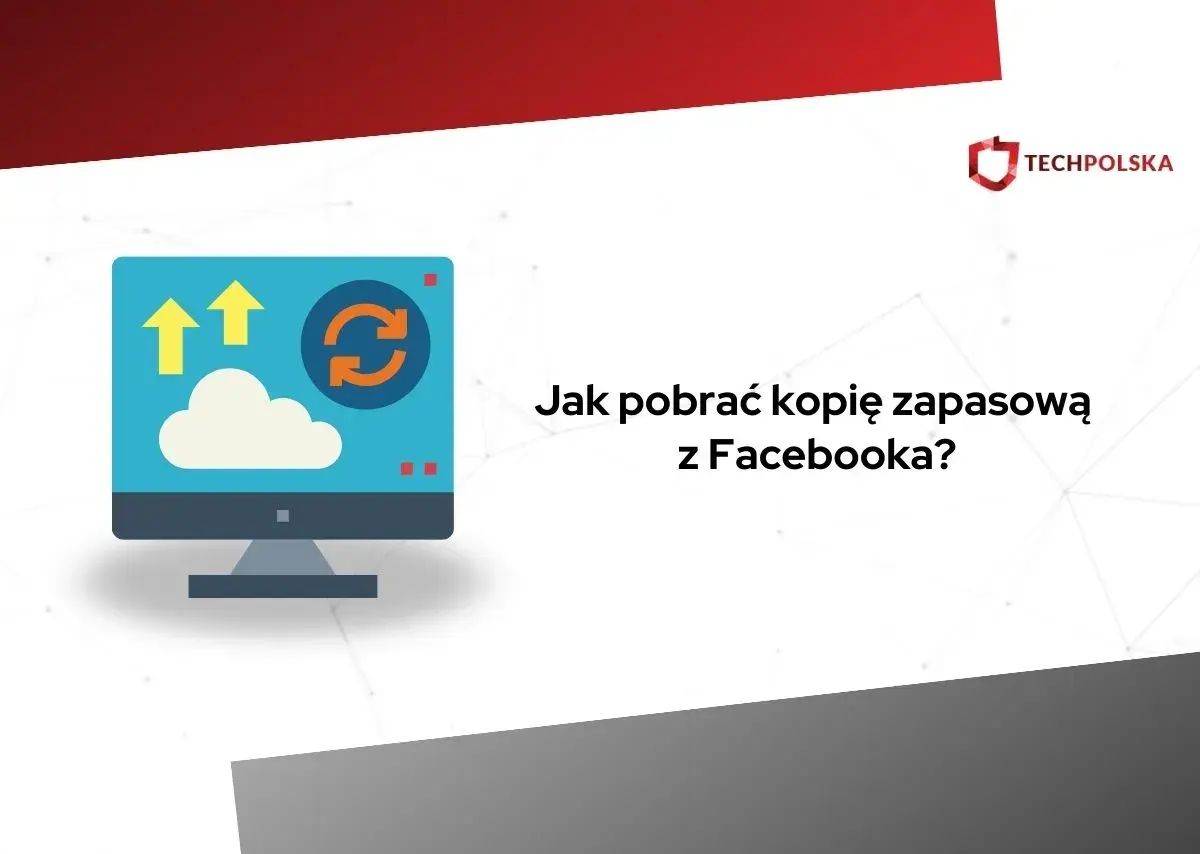 Ikona komputera z chmurą i strzałkami symbolizuje ściąganie z FB. Dowiedz się, jak pobrać kopię zapasową swoich danych.