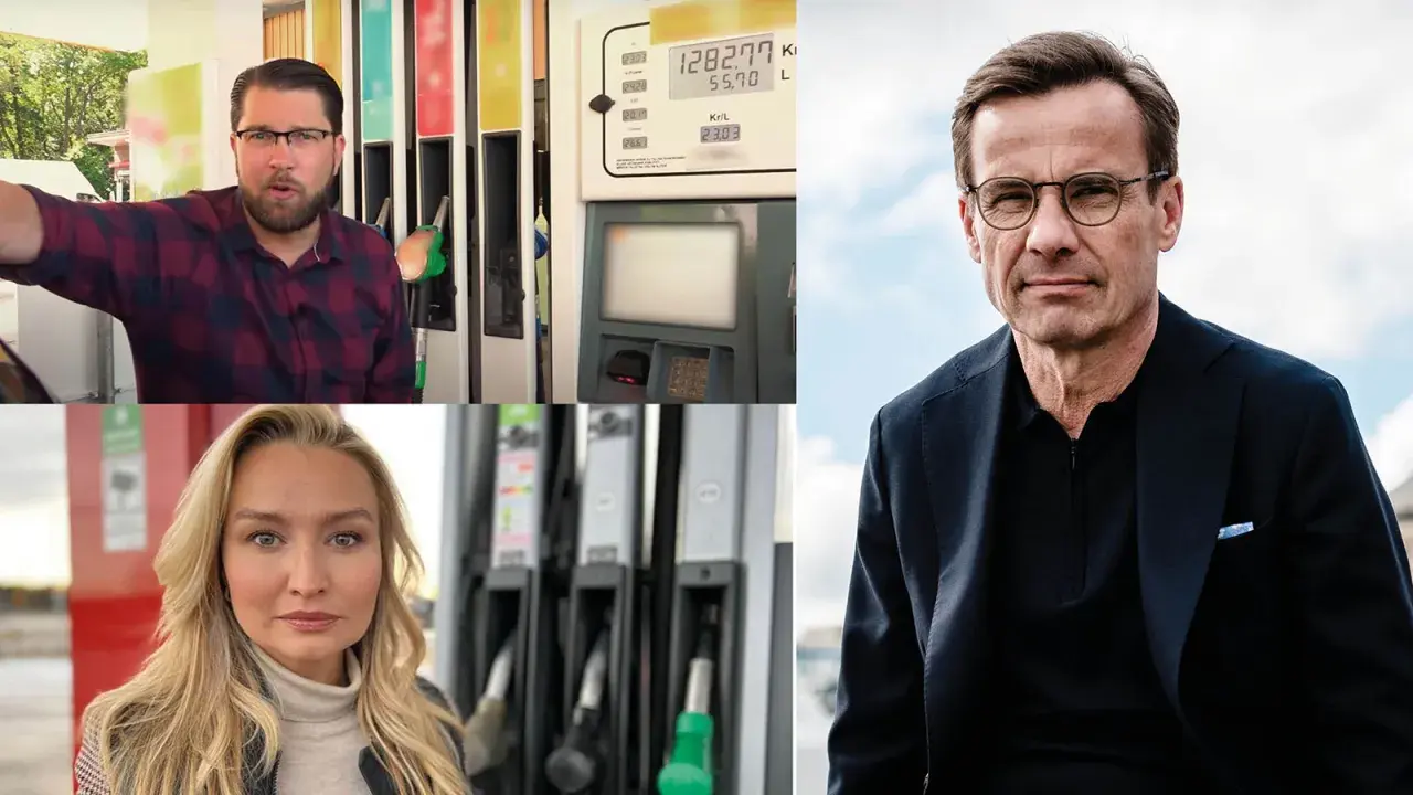 Debatt om höga bensinpriser. En man vid en pump, en kvinna och en politiker. Alger i diesel diskuteras.