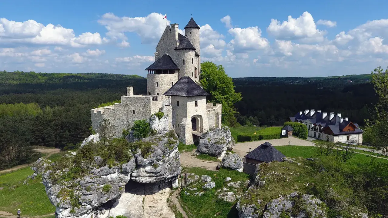 Zamek na skale w krajobrazie Jury Krakowsko-Częstochowskiej. W tle las i błękitne niebo z chmurami.