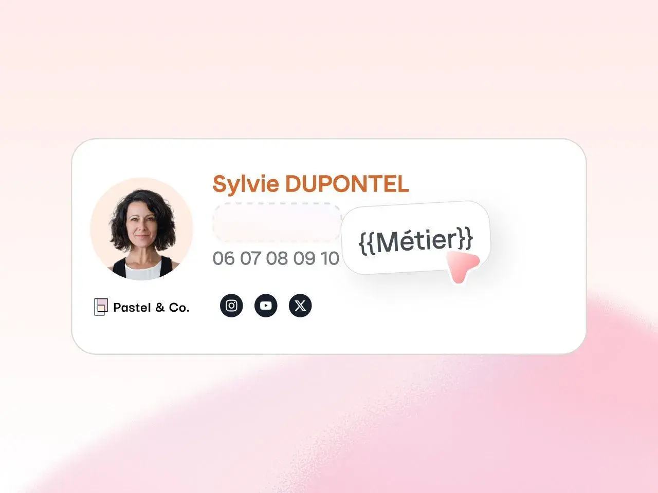 Signature mail de Sylvie DUPONTEL, {{Métier}}, avec son numéro et les icônes de réseaux sociaux.