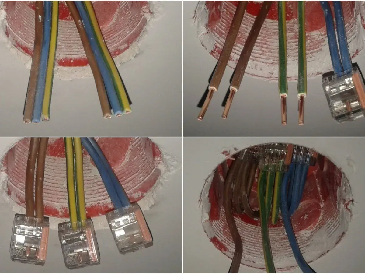 Łączenie puszek elektrycznych: przewody brązowe, żółte, zielone i niebieskie gotowe do połączenia.