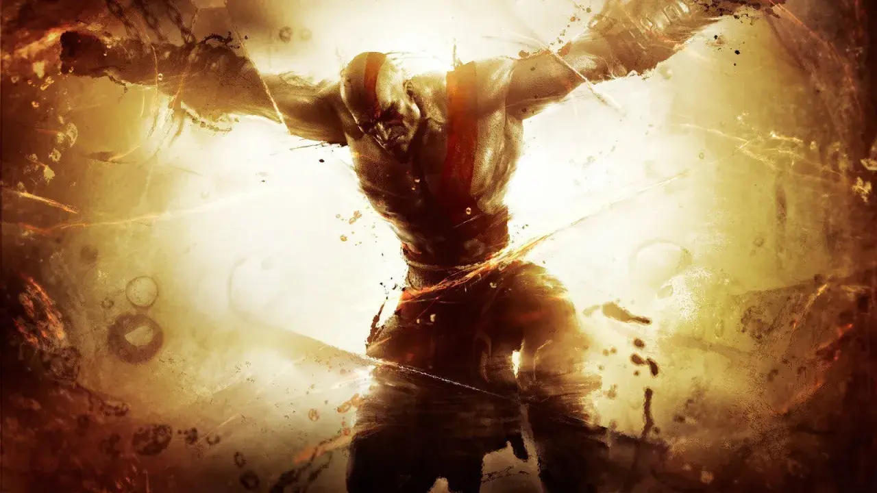 Kratos, gniewny **titan**, rozrywa więzy, otoczony złotym blaskiem i pyłem.