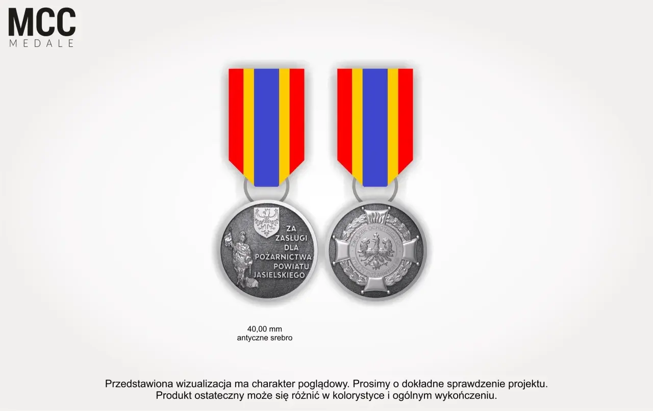 Srebrny medal za zasługi dla pożarnictwa powiatu jasielskiego, z antycznym srebrnym wykończeniem.
