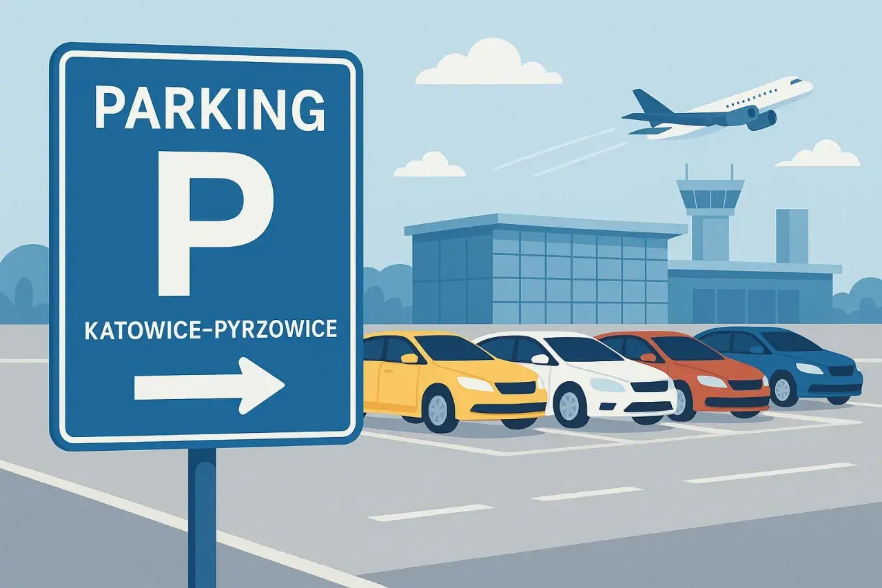 Parking na lotnisku Katowice-Pyrzowice. Samolot startuje nad budynkiem terminala, a przed nim rząd samochodów.