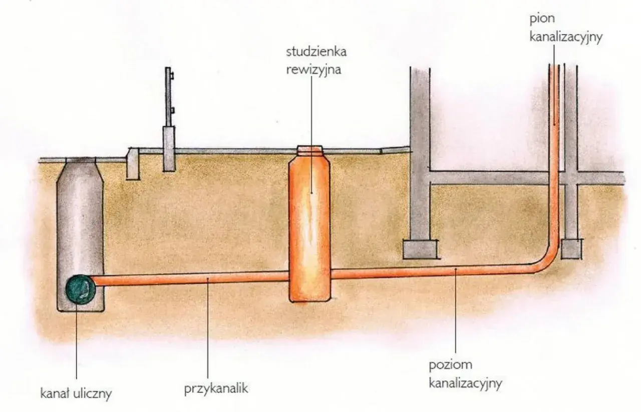 Schemat podłączenia do studzienki rewizyjnej sąsiada. Widoczny kanał uliczny, przykanalik i poziom kanalizacyjny.