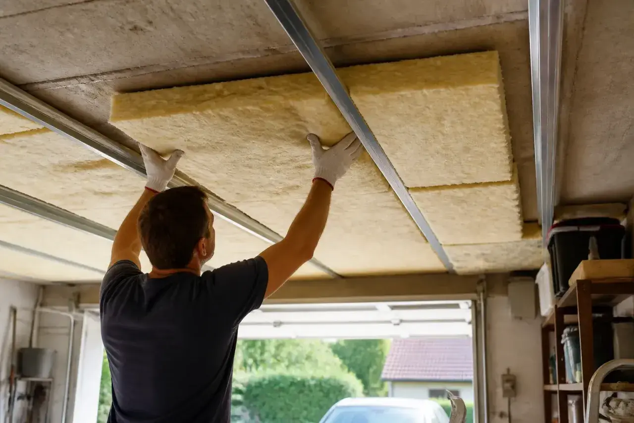 Un homme installe des panneaux isolants sur le plafond de son garage pour une meilleure isolation.