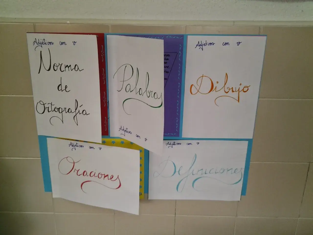 Póster educativo sobre adjetivos con "v": "Norma de Ortografía", "Palabras", "Dibujo", "Oraciones" y "Definiciones".