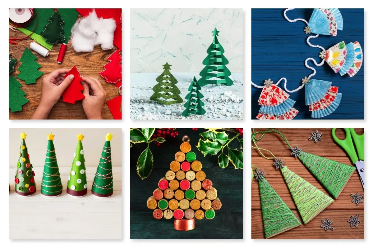 Manualidades de **árbol de Navidad con cajas** de cartón, fieltro y corchos. Decoraciones festivas para hacer en casa.
