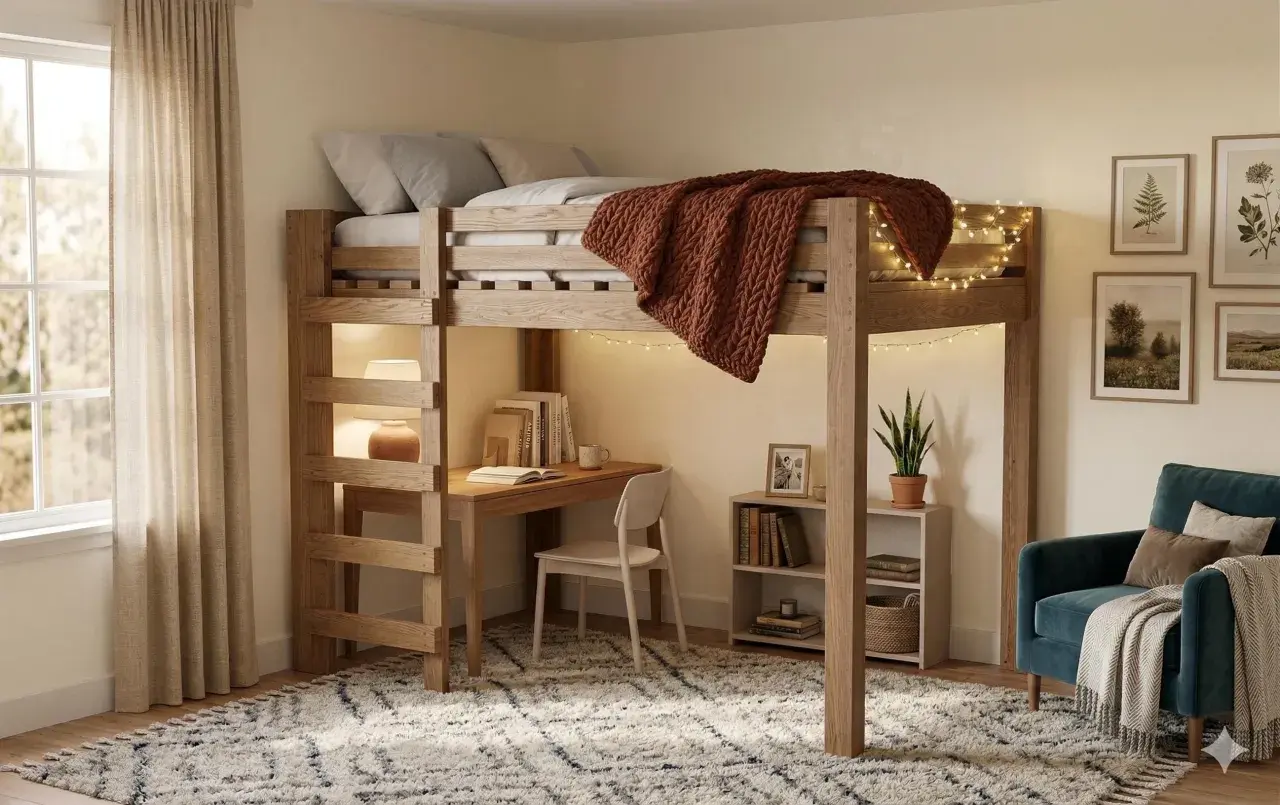 Accogliente open space loft con soppalco in legno, scrivania, libreria e poltrona. Luci soffuse creano un'atmosfera calda.