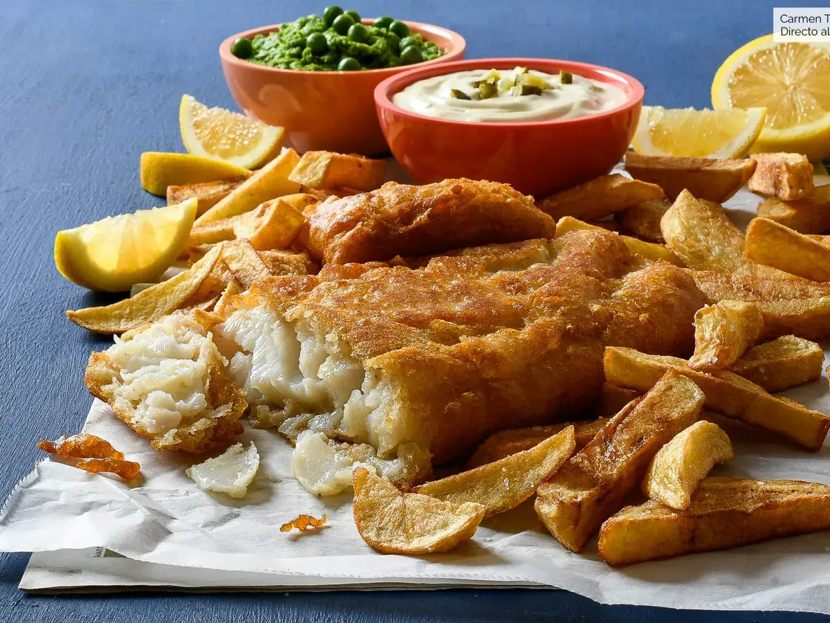 Un delicioso plato de fish and chips, con pescado rebozado crujiente, patatas fritas doradas, guisantes y salsa tártara.