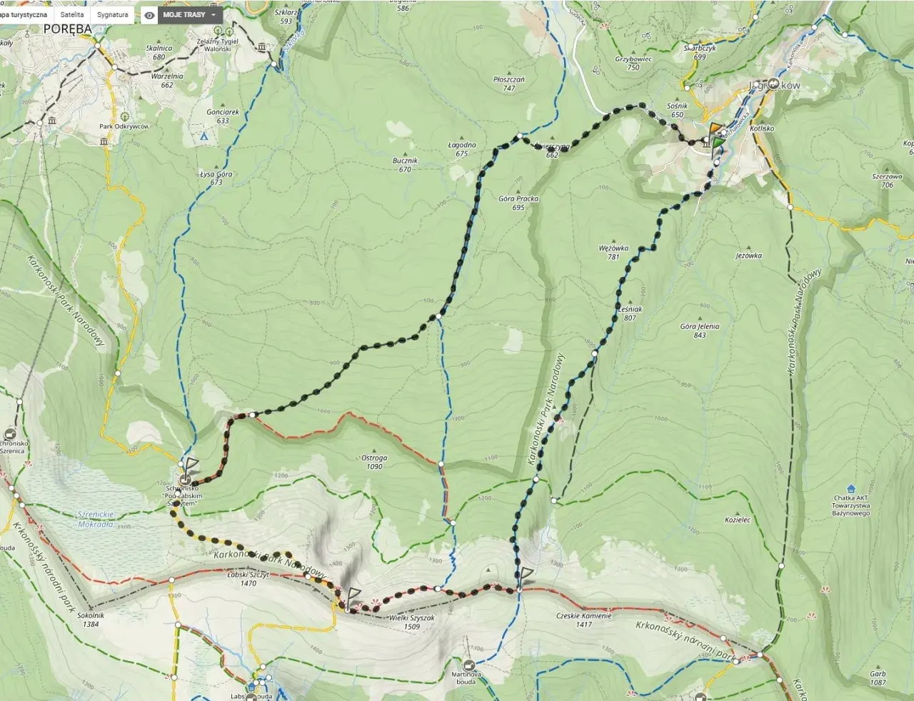 Mapa Karkonoszy z zaznaczonymi szlakami. Widoczne schronisko "Poo-Zabskim tem" oraz szczyty takie jak Łysa Góra i Wielki Szyszak.