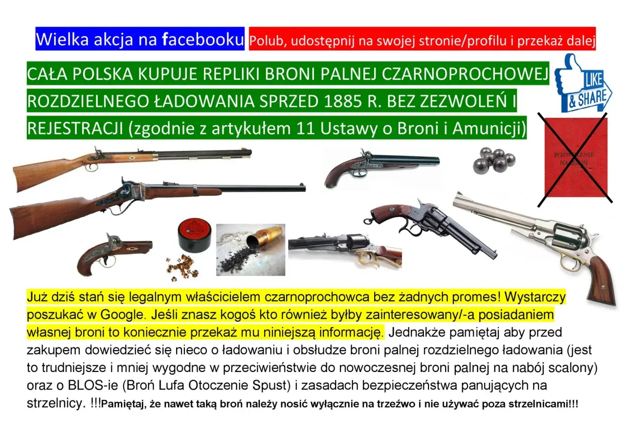 Broń czarnoprochowa może zabić. Zdjęcie przedstawia repliki broni czarnoprochowej rozdzielnego ładowania, amunicję i akcesoria.