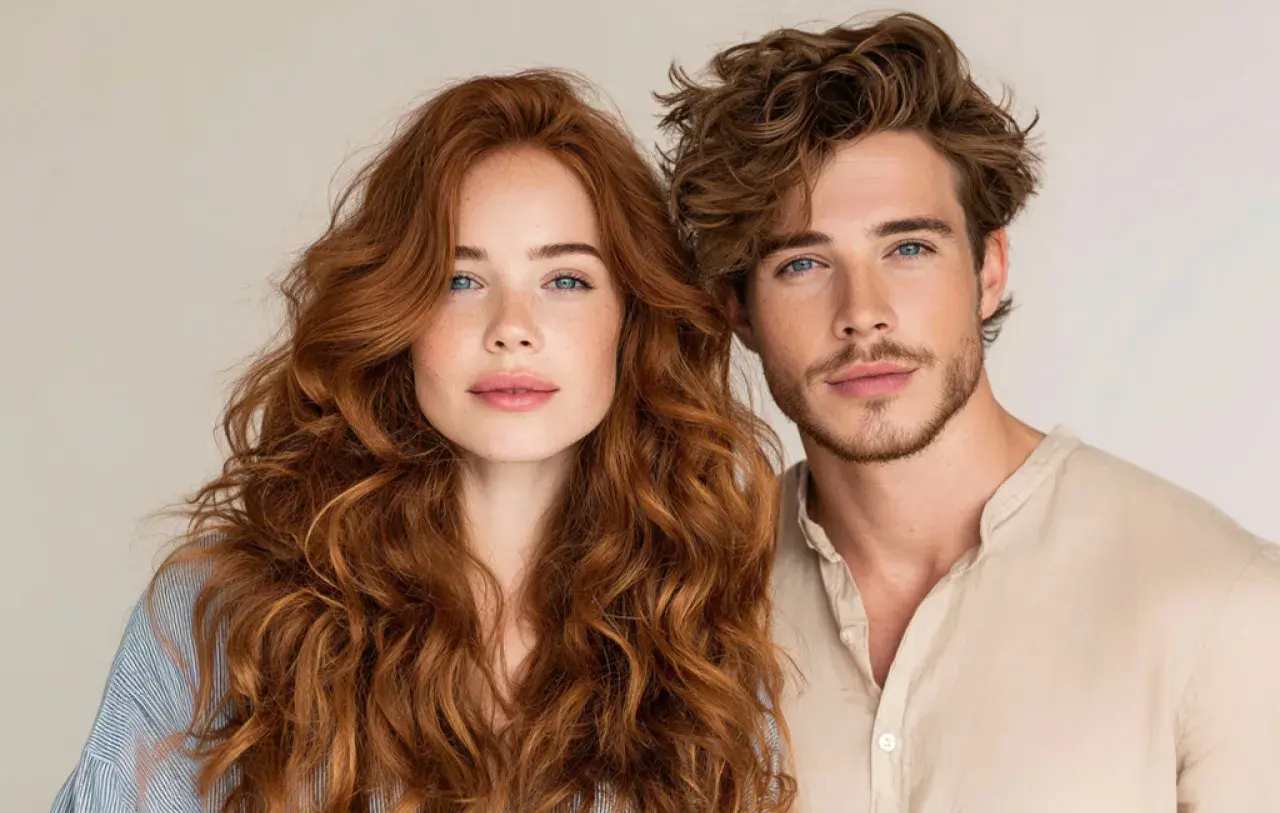 Coppia con capelli mossi: lei con lunghi capelli rossi e lentiggini, lui con capelli castani e barba leggera.