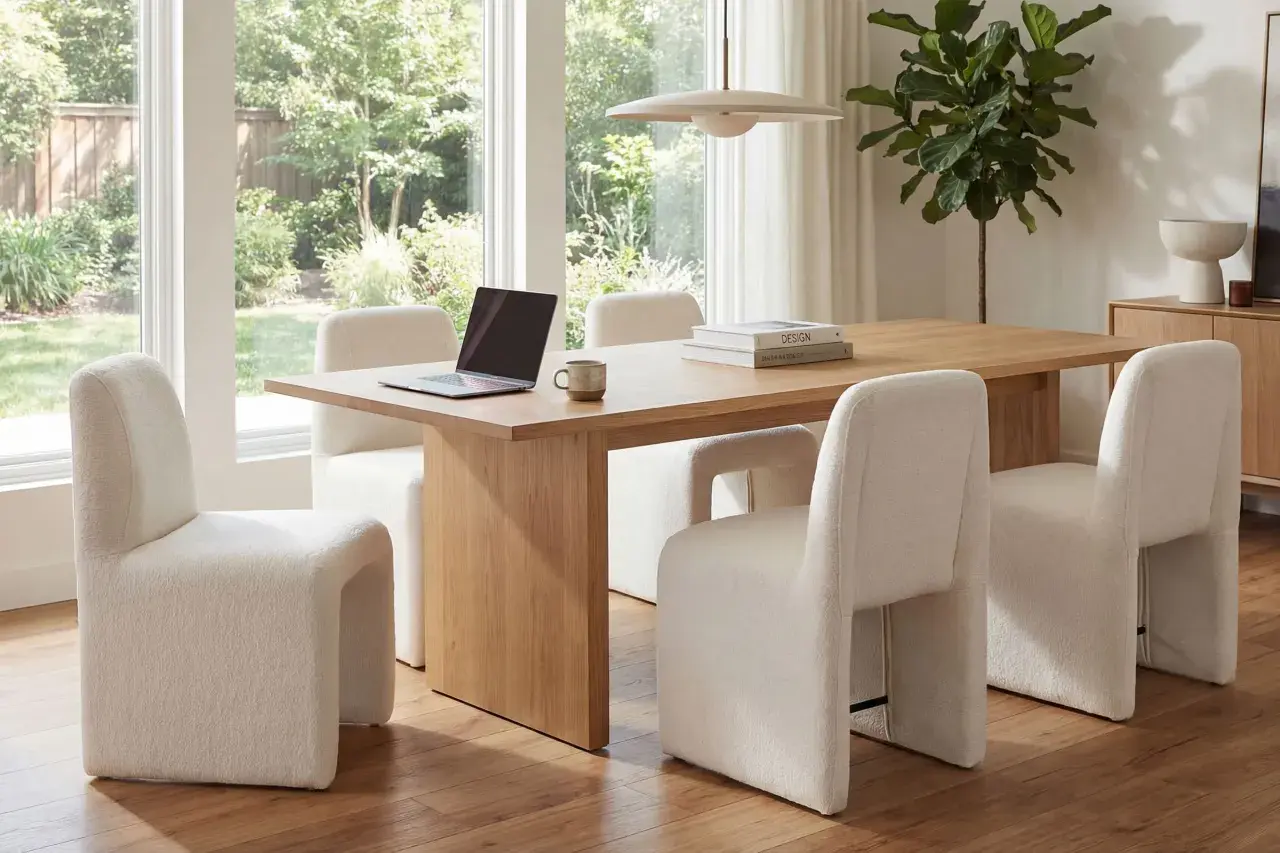 Modern dining room with a light wood table and plush cream chairs. A laptop and mug sit on the table, offering inspiration for how to choose dining chairs that blend comfort and style.