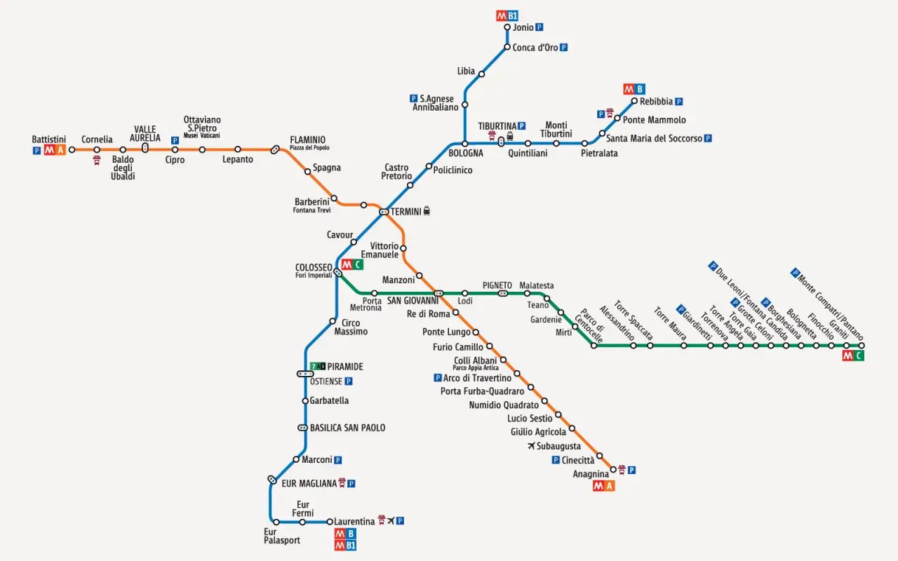Mappa della metro di Roma: da Termini a San Paolo, con le linee A, B e B1 che collegano i punti nevralgici della città.