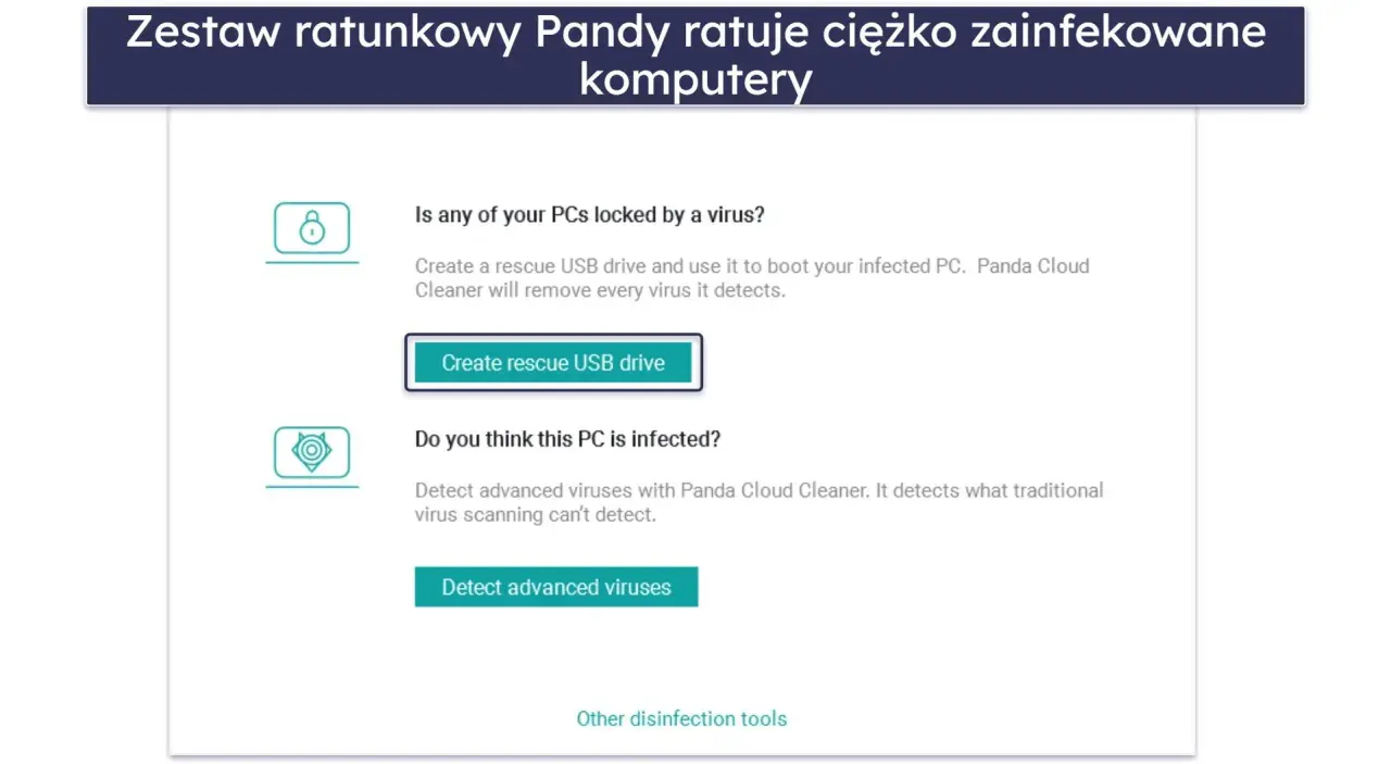 Zestaw ratunkowy Pandy oferuje skuteczne narzędzia anti-malware do usuwania wirusów i wykrywania zaawansowanych zagrożeń.