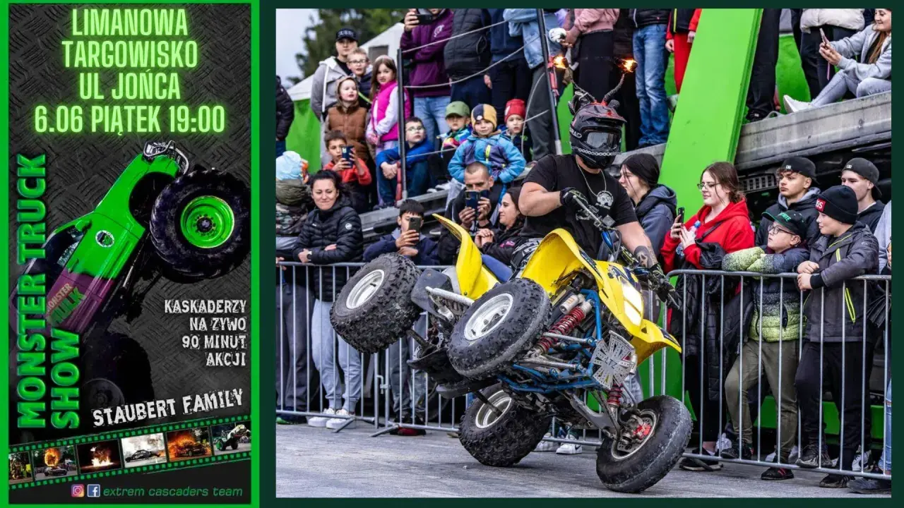 Kaskader na quadzie wykonuje ekstremalny pokaz, niczym the ultimate stuntman, dla zgromadzonej publiczności.