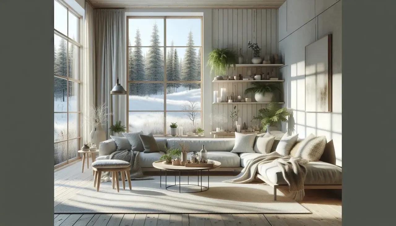 Mysig lounge med skandinavisk design inredning. En stor soffa med kuddar och plädar, ett runt soffbord och hyllor med växter och ljus. Utanför fönstret syns en snöig skog.