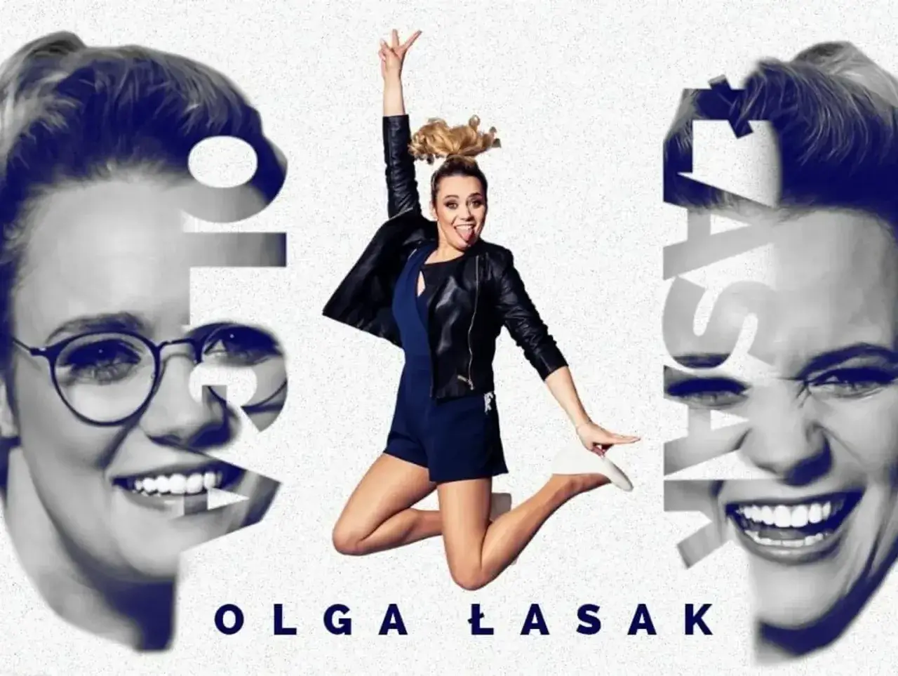 Olga Łasak w skoku, z językiem na wierzchu. Obok jej twarz w stylu retro. To inspiracja dla dzieci.