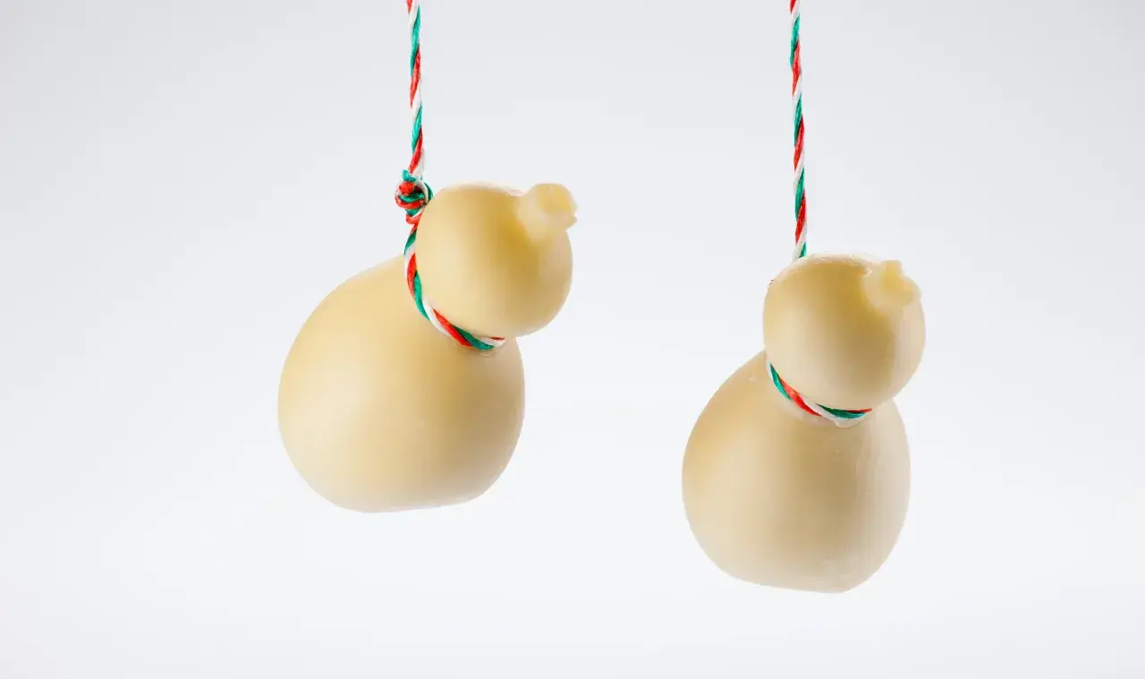 Due scamorze appese, una con la sua forma a pera, l'altra più tondeggiante. Entrambe sono legate con un filo tricolore. Ricorda che la scamorza contiene lattosio.