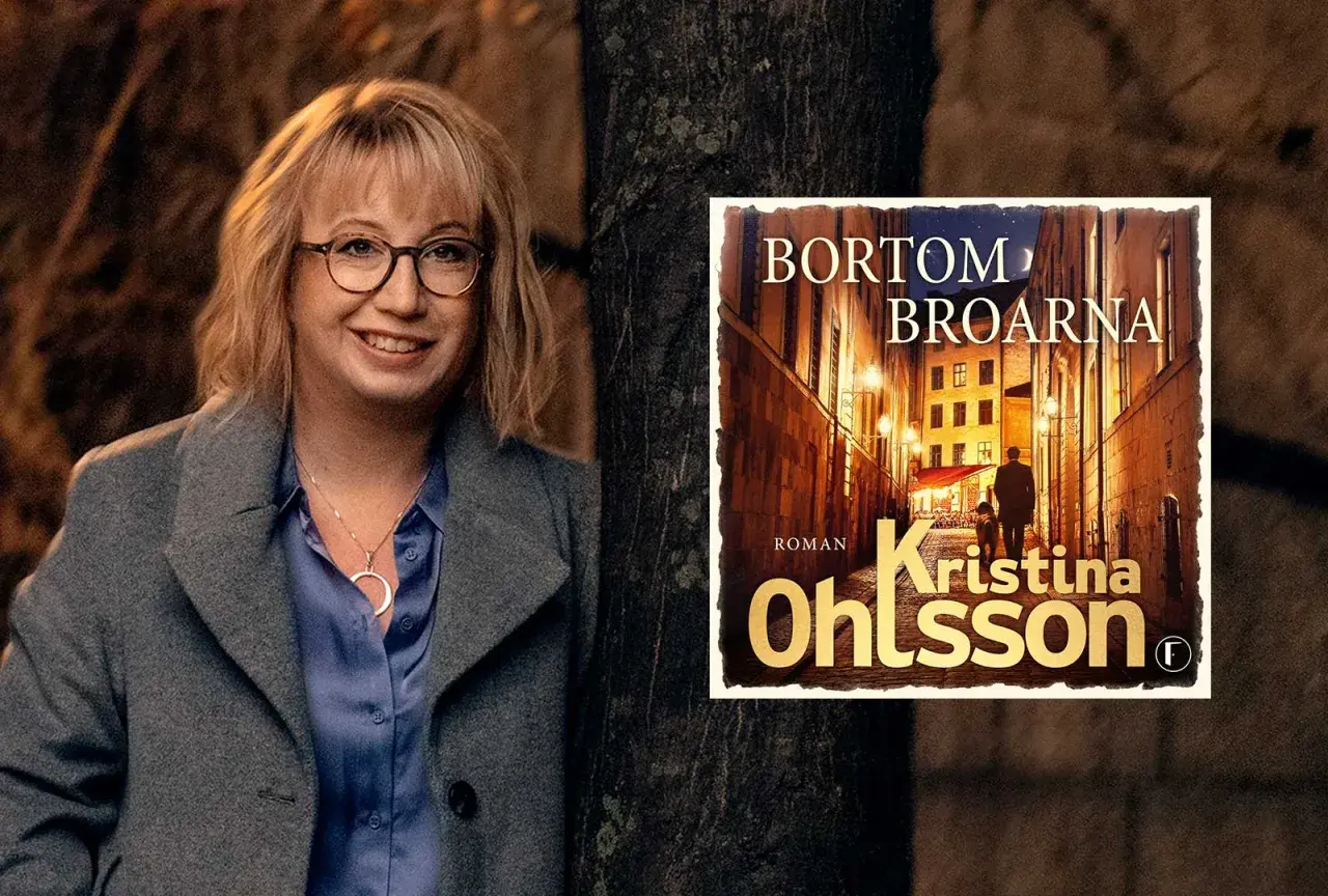 Kristina Ohlsson, författaren till senaste bok "Bortom broarna", poserar bredvid bokomslaget.