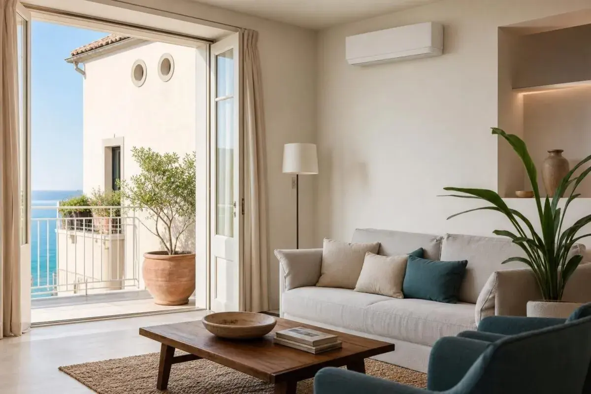 Soggiorno moderno con vista mare. Climatizzatori senza motore esterno per un comfort discreto. Divano, tavolino e piante creano un'atmosfera rilassante.
