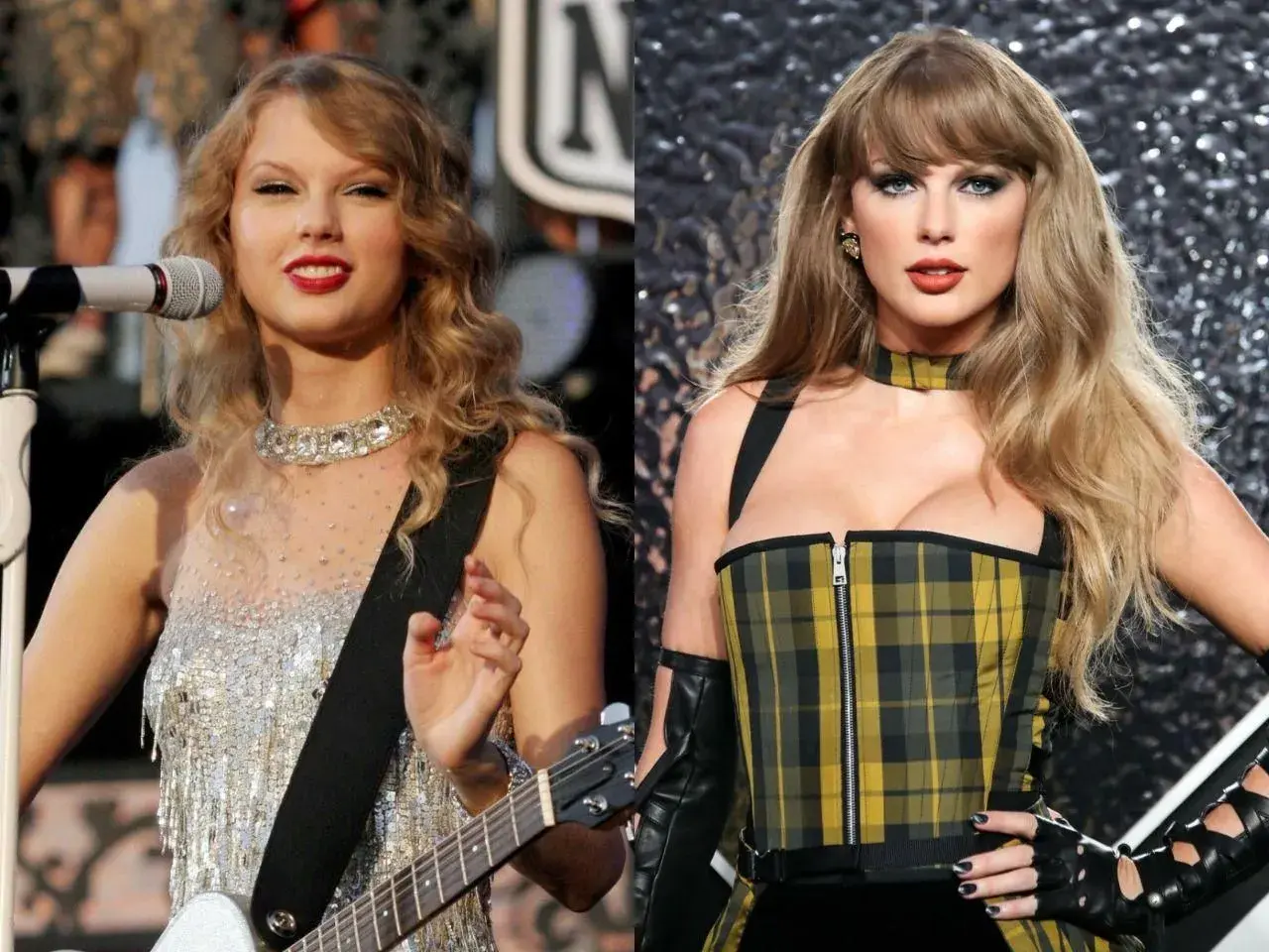 Taylor Swift w dwóch odsłonach: młodsza z gitarą i w błyszczącej sukience, starsza w kratowanym gorsecie. Ile lat ma Taylor Swift?