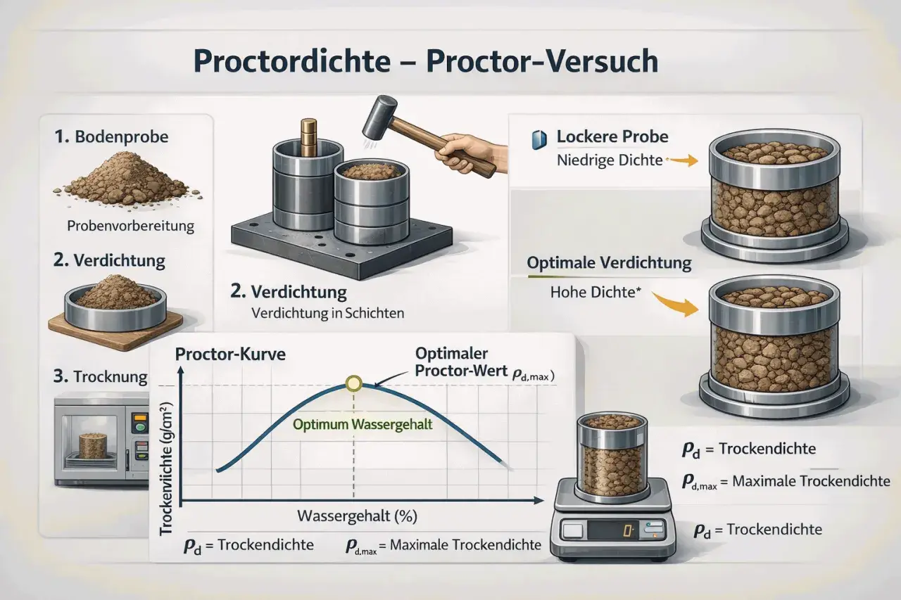 Der Proctor-Versuch zeigt, wie sich die Verdichtung von proctor boden mit dem Wassergehalt ändert. Eine lockere Probe hat niedrige Dichte, optimale Verdichtung hohe Dichte.
