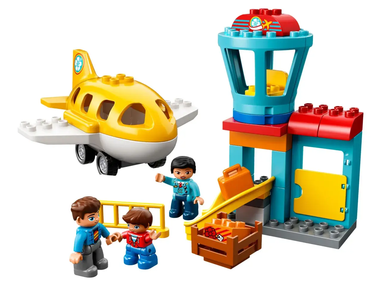 Lego Duplo Flughafen: Ein gelbes Flugzeug, ein Kontrollturm und Figuren warten auf den Start. Die Anleitung zeigt, wie man den Flughafen baut.