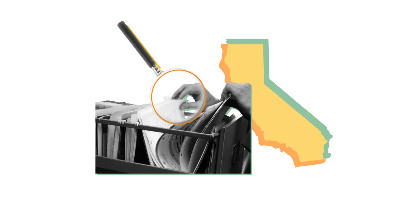 A hand sifts through files under a magnifying glass, symbolizing the open and transparent meaning of California's government.