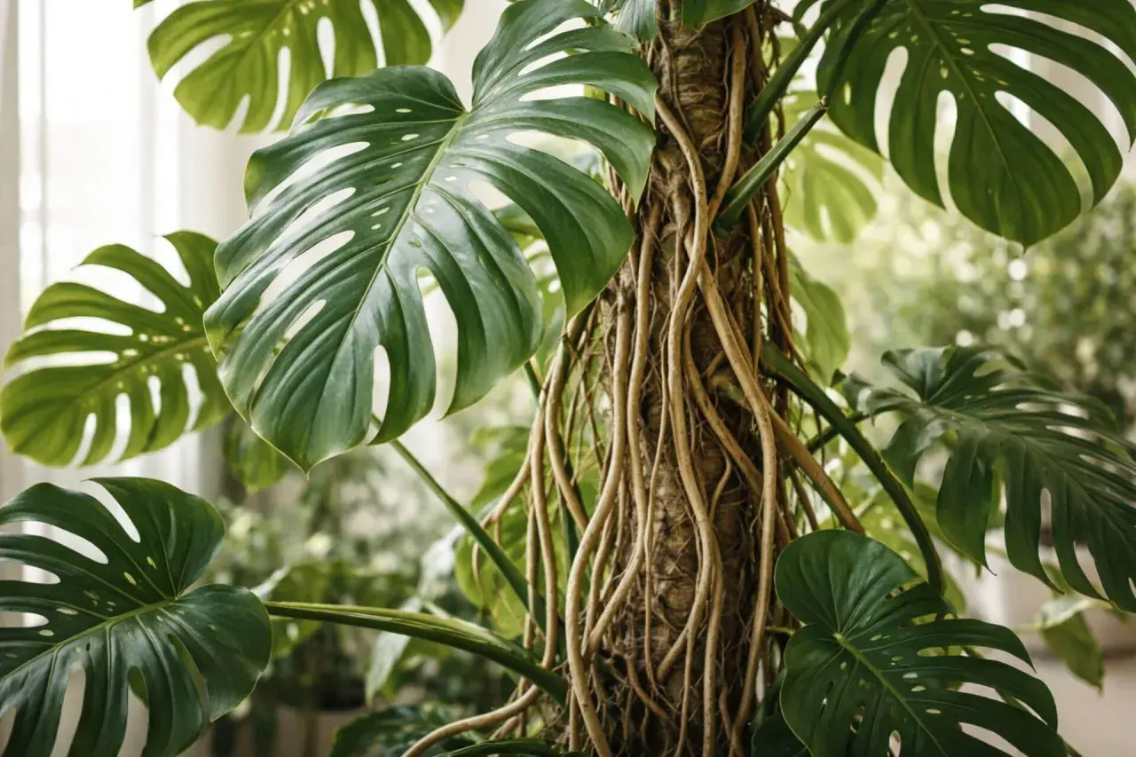 Monstera w naturze, z jej charakterystycznymi, dziurawymi liśćmi, oplata pień drzewa licznymi korzeniami powietrznymi.