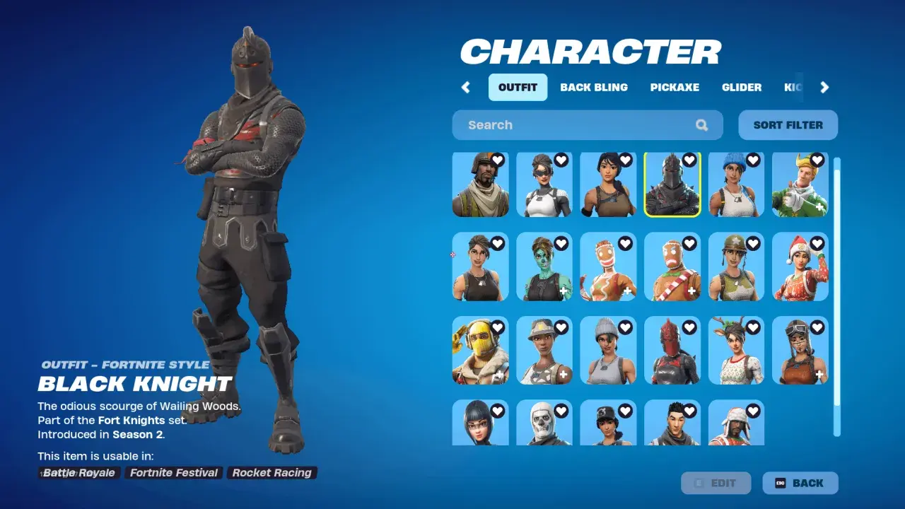 Czarna Wdowa Fortnite, czyli Czarny Rycerz, w pełnej zbroi. Wybierz go z menu postaci.