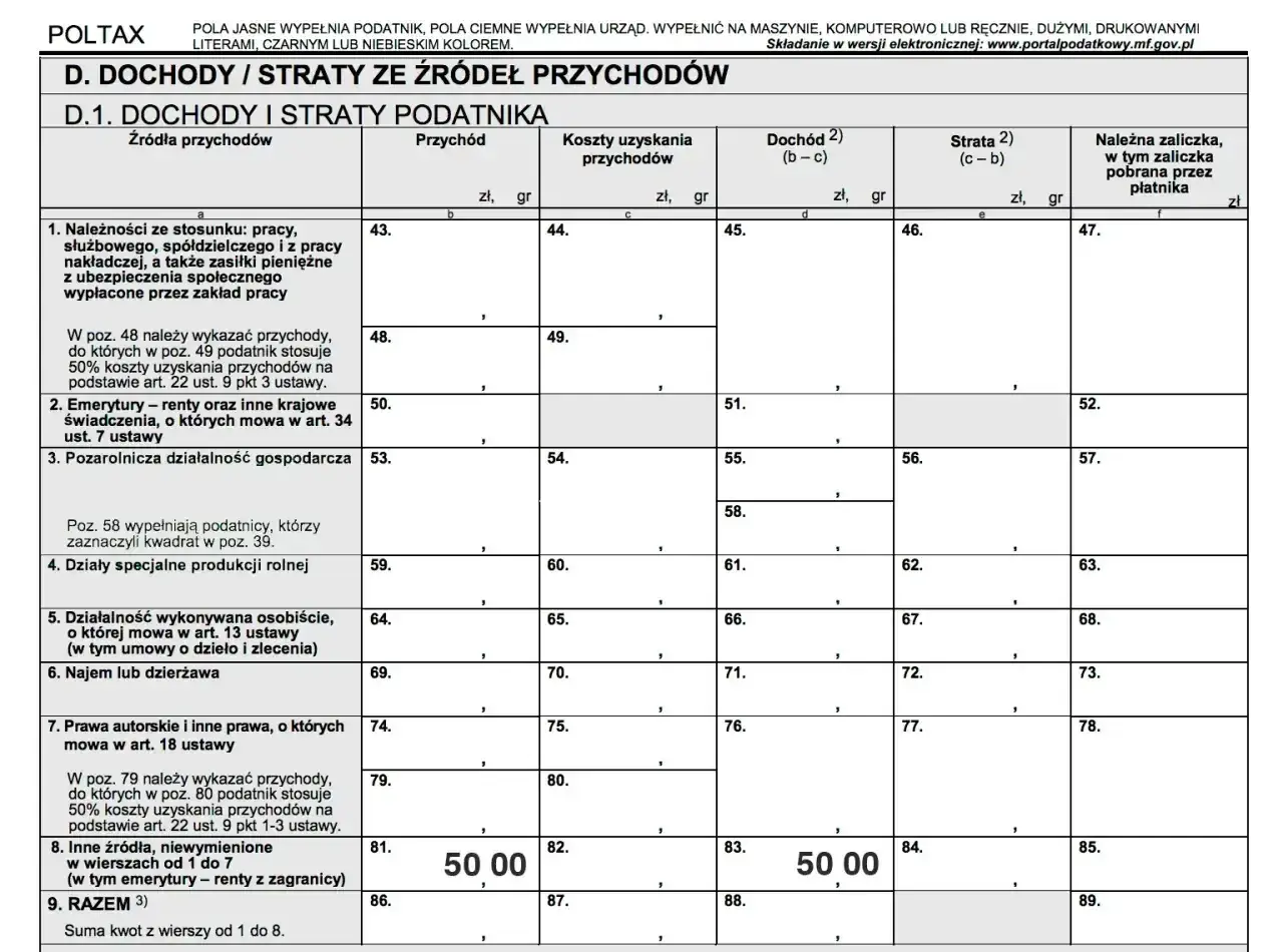 Formularz PIT-8C: jak rozliczyć dochody i straty ze źródeł przychodów. Wpisz kwoty przychodów, kosztów, dochodu i straty.