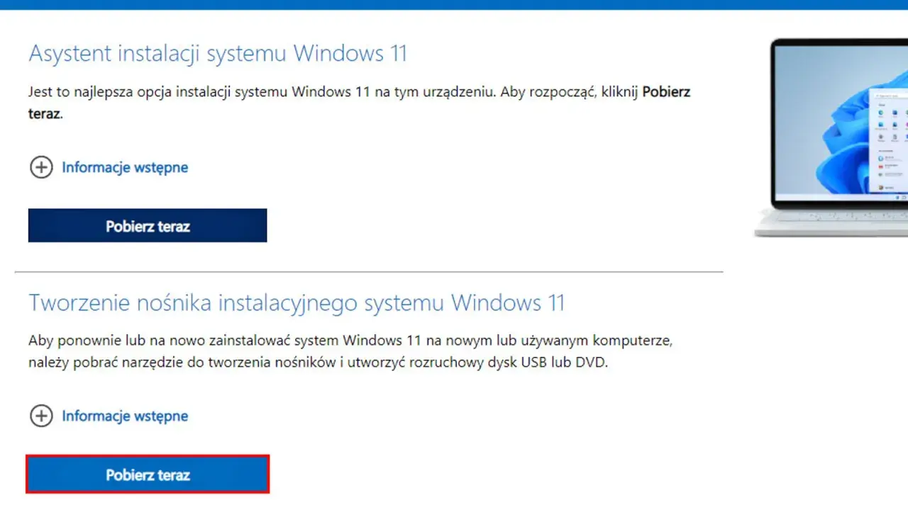 Asystent instalacji Windows 11 oferuje łatwy sposób na aktualizację. Kliknij "Pobierz teraz", aby rozpocząć.