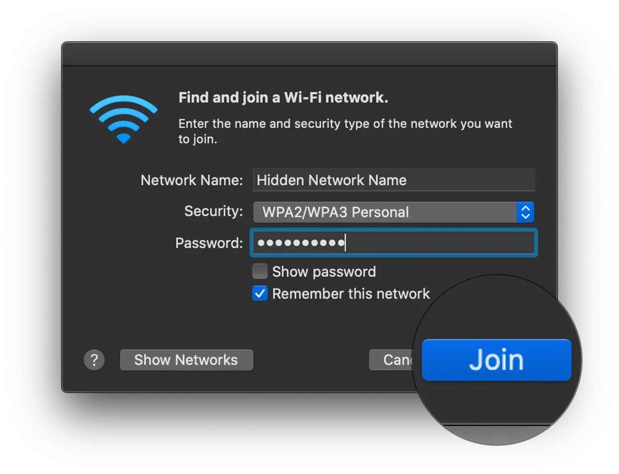 Okno łączenia z siecią Wi-Fi. Wpisano nazwę sieci (ssid) "Hidden Network Name" i hasło. Kliknięto przycisk "Join".