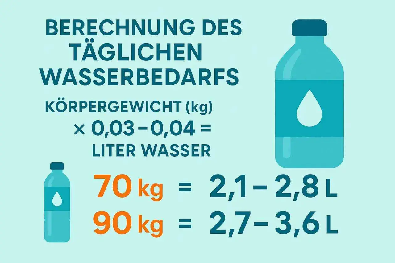 Berechnung des täglichen Wasserbedarfs: 70 kg benötigen 2,1-2,8 L, 90 kg 2,7-3,6 L. Ziel: 3 liter wasser am tag.