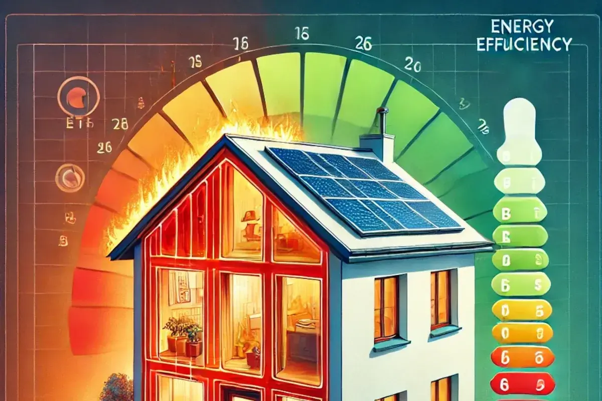 Dom z panelami słonecznymi i skalą efektywności energetycznej. Wysokie ceny energii motywują do inwestycji w zielone rozwiązania.