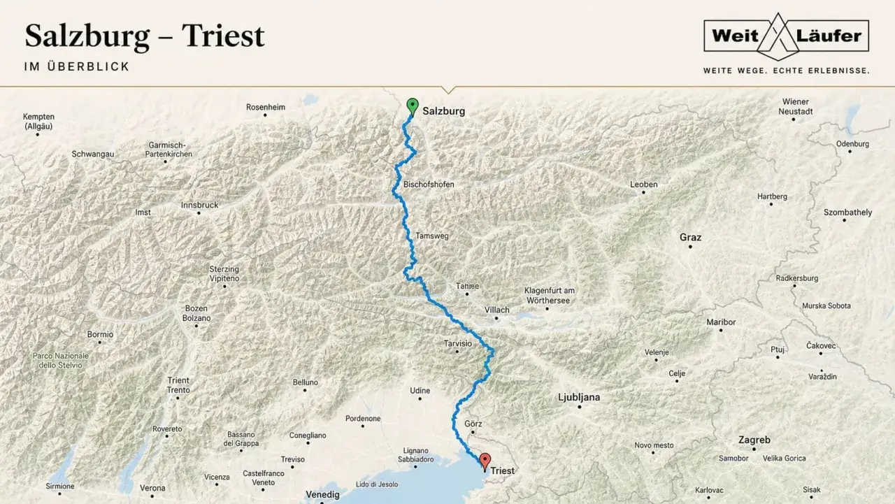 Karte zeigt die Route von Salzburg nach Triest, eine der schönsten fernwanderwege alpen.