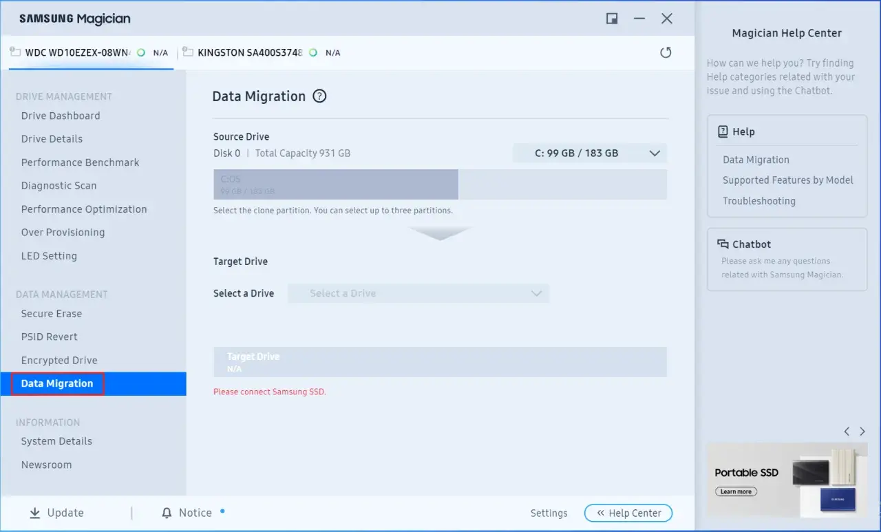 Samsung Magician: Datenmigration zum Klonen von Laufwerken. Wählen Sie Quell- und Ziellaufwerk für das Klonen.