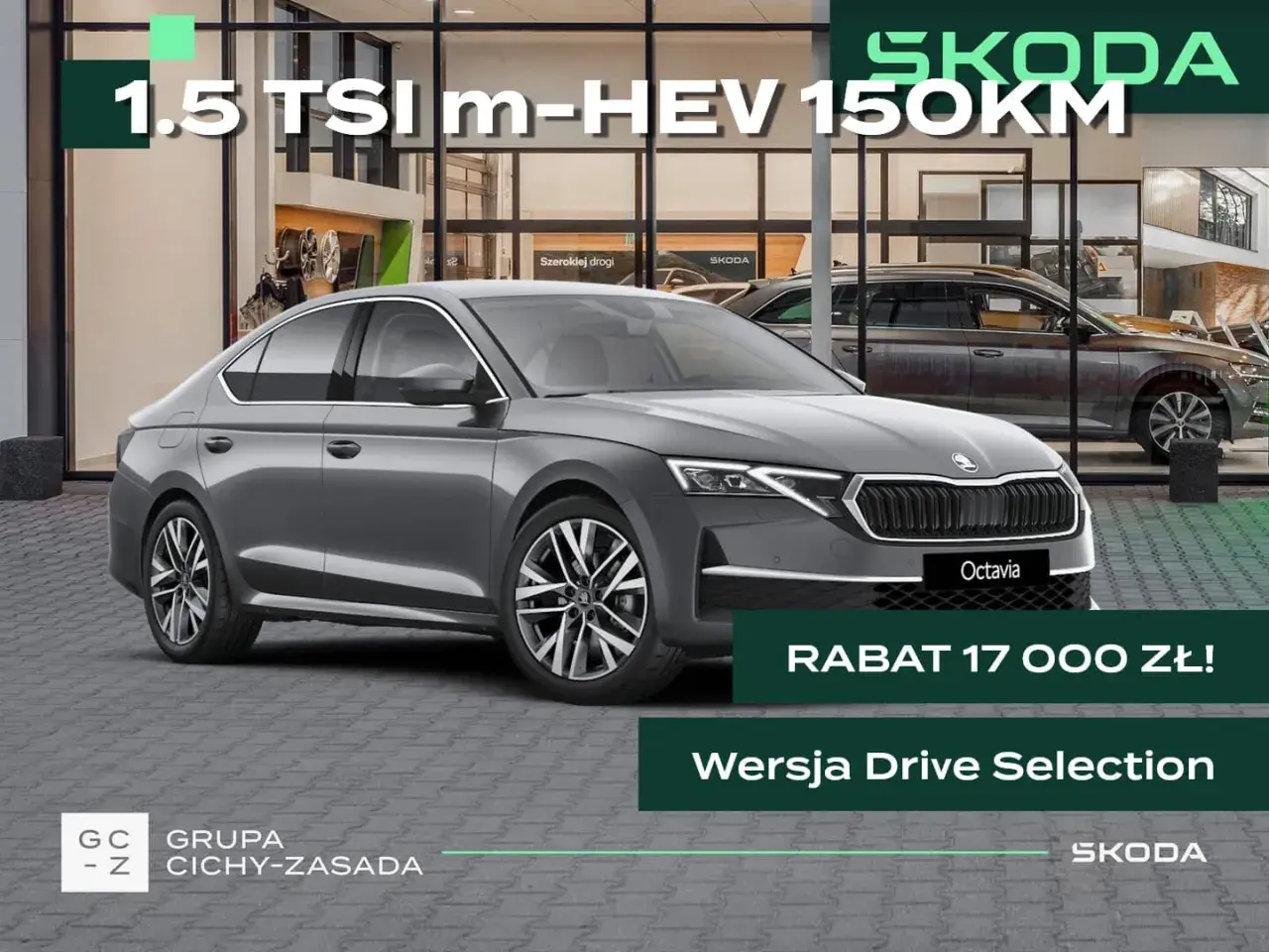 Szara Skoda Octavia 1.5 TSI m-HEV 150KM w wersji Drive Selection, z rabatem 17 000 zł. Idealna na szerokiej drogi.