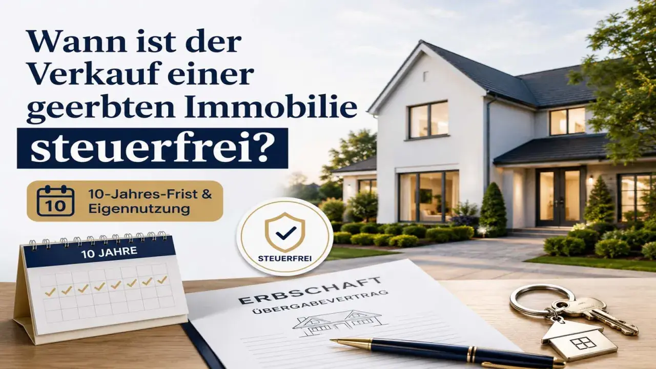 Ein Haus, Schlüssel und ein Übergabevertrag liegen auf einem Tisch. Die Frage "Wann ist der Verkauf einer geerbten Immobilie steuerfrei?" wird thematisiert, mit Hinweisen zu 10-Jahres-Frist und Eigennutzung.