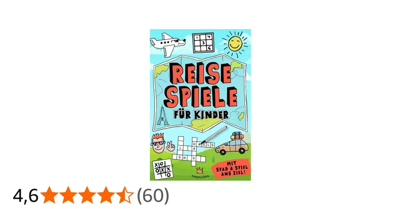 Buntes Cover mit "Reisespiele für Kinder", Flugzeug, Auto, Rätseln und Sonne. Perfekt für unterwegs!