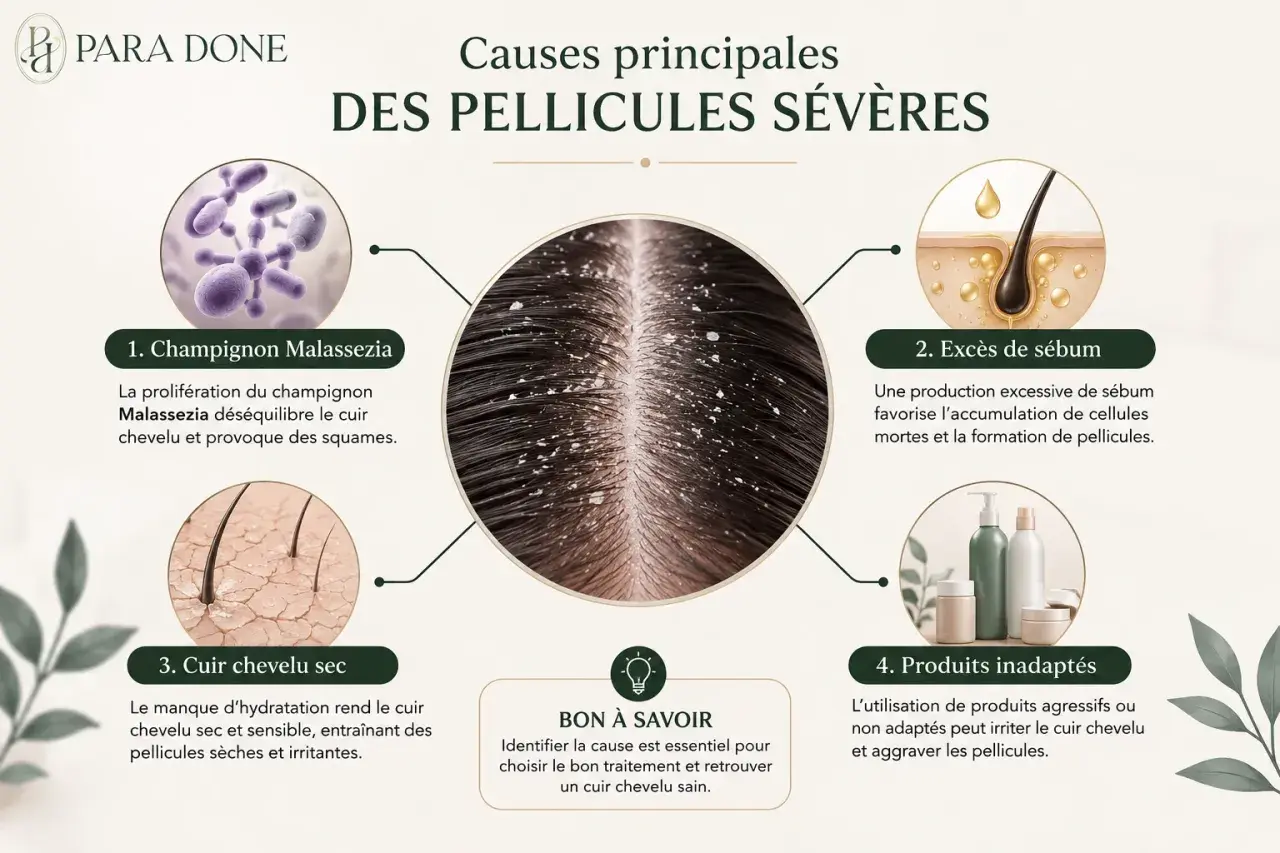 Causes des pellicules sévères : champignon Malassezia, excès de sébum, cuir chevelu sec, produits inadaptés. Identifier la cause est essentiel pour savoir pourquoi j'ai des pellicules.