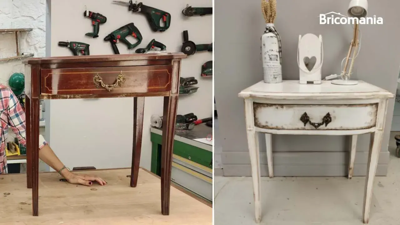 Mesa antigua antes y después de barnizar muebles antiguos. El mueble pasa de madera oscura a blanco desgastado.