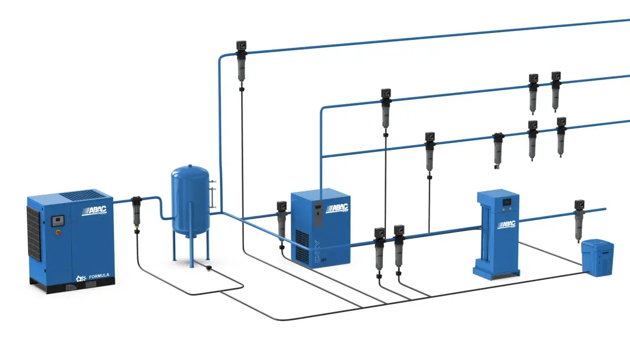 Sistema de aire comprimido ABAC con compresor, secador, depósito y filtros. Soluciones eficientes para tu industria.