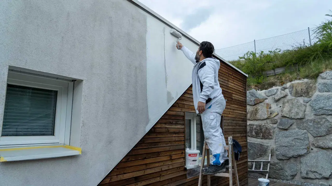Mann streicht Fassade ohne Reinigung mit Roller. Ein Eimer Farbe steht bereit.