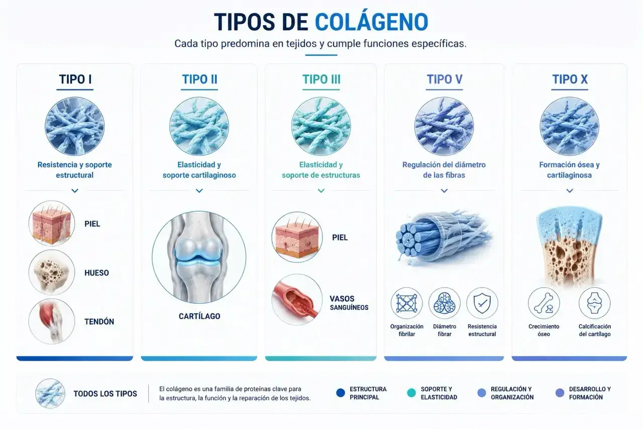 Infografía muestra cuántos tipos de colágeno hay: I, II, III, V y X, detallando sus funciones y tejidos.