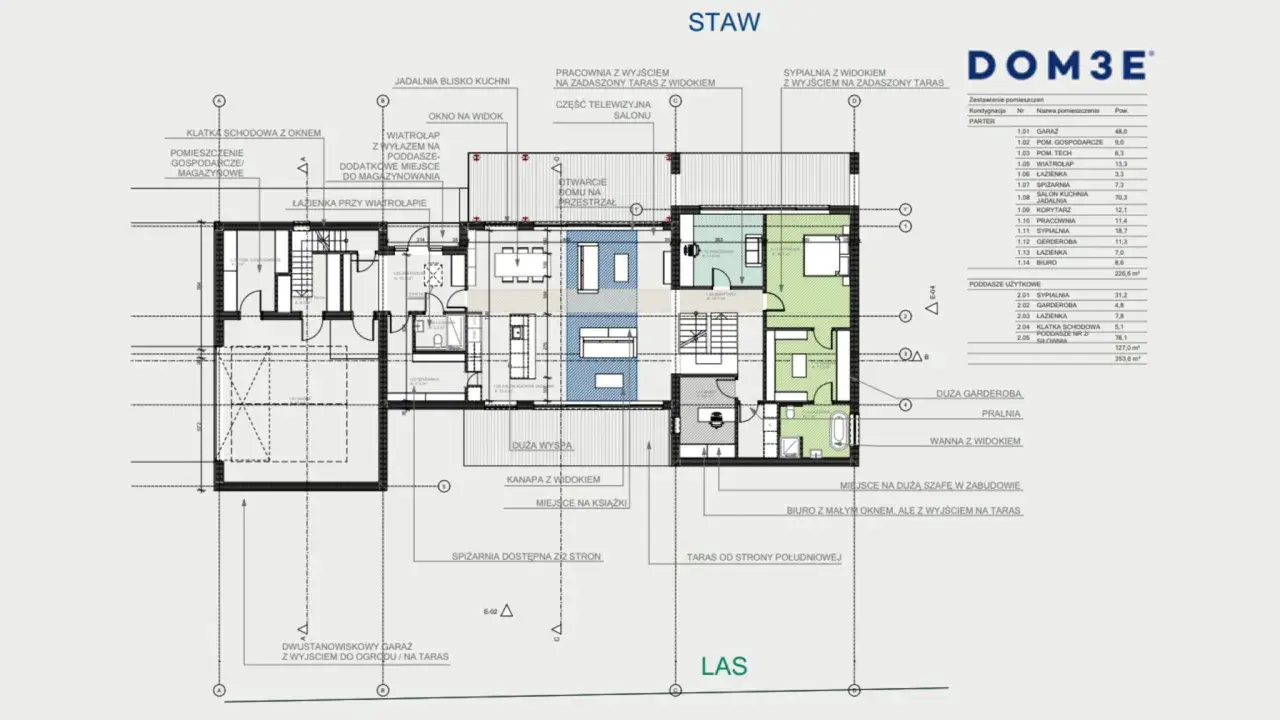 Projekt architektoniczno budowlany domu z tarasem i ogrodem. Widok piętra z pokojami i łazienkami.