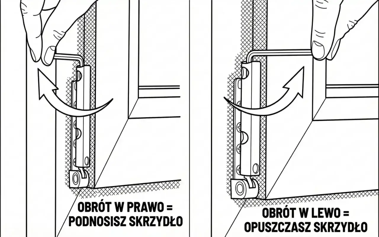 Instrukcja regulacji okien na zimę: obrót kluczem w prawo podnosi skrzydło, w lewo opuszcza.