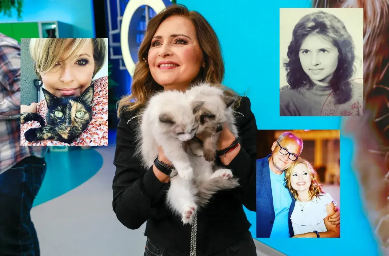 Agnieszka Gozdyra z mężem i dziećmi, w tym z kotami. Na zdjęciu jej mąż, ona sama w różnym wieku, oraz koty.